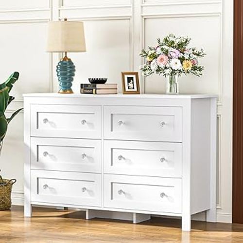 HAIOOU 6 Drawer Double Dresser, White Modern Chest of Drawers with Deep Drawers, Charging Station and Crystal/Black Handles, Wooden Drawer Storage Organizer Cabinet for Bedroom, Living Room