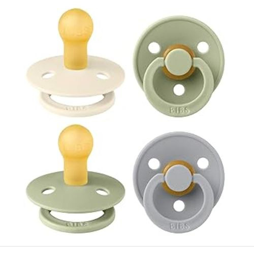 BIBS Colour Soother 4-Pack | BPA Free Dummy Pacifier | Round Nipple | Natural Rubber Latex | Made in Denmark | Size 0-6 Months | Sage Mix