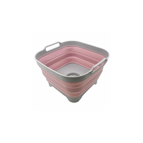 SAMMART 10L (2.64 Gallon) Collapsible Dishpan with Draining Plug, Grey/Pale Pink