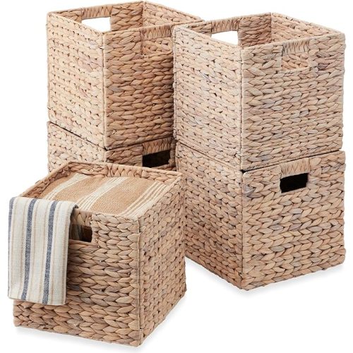 Best Choice Products 10.5x10.5in Pack of 5 Cube Storage Baskets, Water Hyacinth Multipurpose Collapsible Organizers, Handwoven Laundry Totes for Laundry, Living Room, Kids Room & Nursery - White