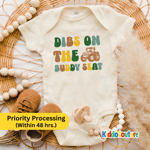 Dibs On The Buddy Seat Baby Onesie®, Tractor Baby Onesie®, Farm Baby Onesie®, Retro Farm Baby Onesie®, Farm Baby Body Suit, KC-DWW9