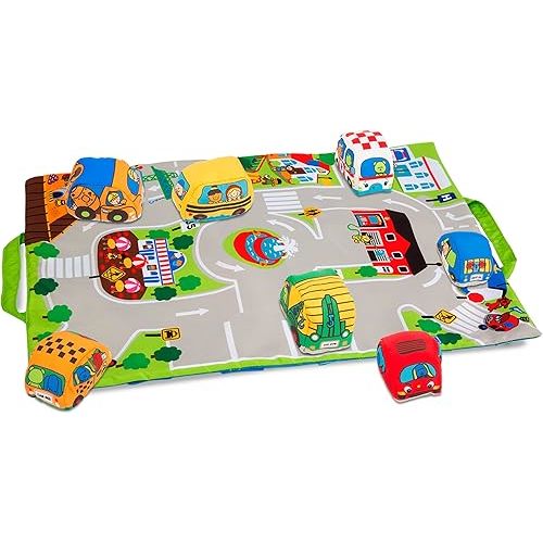 Melissa & Doug Take-Along Town Play Mat (19.25 x 14.25 inches) With 9 Soft Vehicles - With Storage Bag, Toy Vehicle Play Sets For Babies