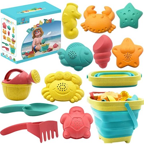 Beach Toys for Kids - Sand Toys Set includes Collapsible Sand Bucket Shovel and Sand Rake Toys for Beach 12 PCS, Sandbox Toys Sandcastle Building Kit with Waterproof Net (A) - Baby Beach Toys