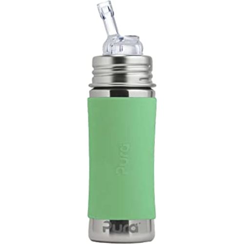 Pura Kiki 11oz/325ml Stainless Steel Straw Bottle w/Sleeve, 100% Plastic-Free, MadeSafe Certified, 100% Medical-Grade Silicone Straw for Kids, Toddlers, Preschoolers, Babies & Infant - Moss Sleeve