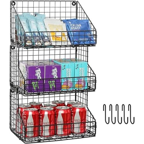 X-cosrack 3-Tier Stackable Detachable Snack Organizer (Large Size), Countertop Display/Wall Mounted Shelf with 5 Hooks Wire Basket Snack Shelf for Office Cabinets, Kitchen, Pantry, 11.8x7.8x22 Inch