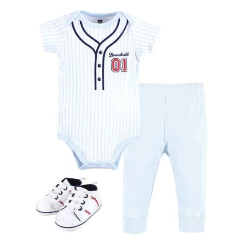 Hudson Baby Infant Boy Cotton Bodysuit, Pant And Shoe Set, Lt Blue Baseball, 0-3 Months