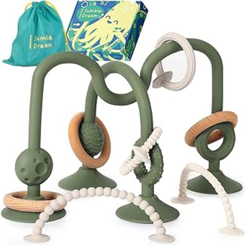 Jumble Jangle Baby Teething Toys – BPA-Free, Multi Purpose High Chair Toys for Babies: Suction Teething Relief with Sensory Toy Textures for Infants and Toddlers 3–24+ Months (Green)