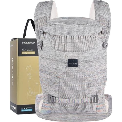Bebamour Knit Baby Carrier Newborn to Toddler -Lightweight Baby Wrap Carrier 3-in-1 Baby Carrier Front and Back Carry (Grey,7-32 lbs)