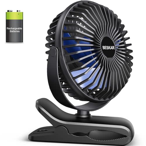 BESKAR Portable Clip on Fan Rechargeable, 4 Speeds Small Battery Operated Fan, USB Desk Fan with Strong Airflow, Sturdy Clamp for Golf Cart Office Outdoor Travel Camping