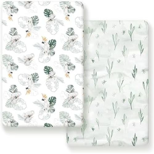 GRSSDER Stretch Ultra Soft Jersey Knit Fitted Pack n Play Playard Sheets Set 2 Pack,Fits Portable/Mini Cribs Sheets, Playards Mattress Pads, Stylish Watercolor Animals for Baby, Mint Green