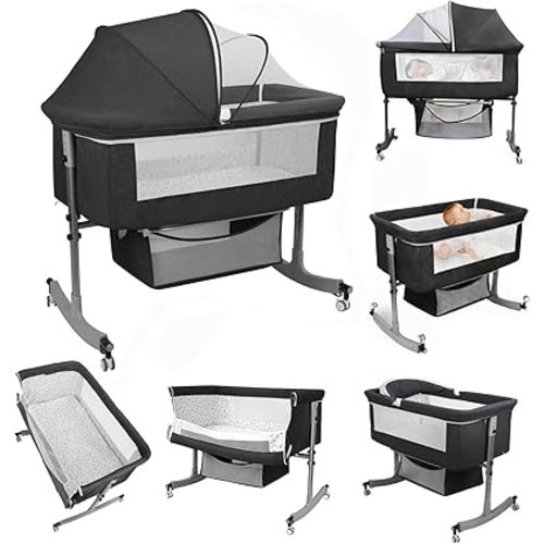 Bedside Bassinet Baby Crib, 3-in-1 Bedside Crib with Storage Basket, 6 Levels Height Adjustable Baby Bassinet with Mosquito Net and Wheels, Portable Newborn Infant Cradle Black