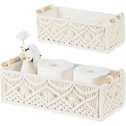 Macrame Storage Baskets Boho Decor Gift Box Woven Toilet Paper Basket with Wood Handles Home Decorative Baskets for Organizing on Shelf Cabinet Countertop Livingroom - Set of 2