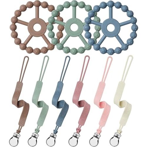 3 Silicone Ring Teether and Pacifier Clip, Seposeve Pack of 6 Baby Pacifier Teether Clip for Babies 0-6 Months, Teething Ring Toys, Keeps Teethers Clean, 6-12 Months 12-24 Months