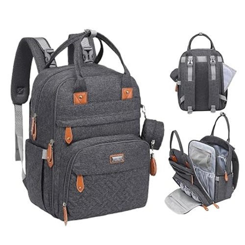 BabbleRoo Diaper Bag Backpack - Baby Essentials Travel Tote - Multi Function Water Resistant Diaper Bag, Travel Essentials Baby Bag with Changing Pad, Stroller Straps & Pacifier Case - Dark Gray