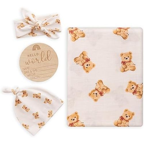 Muslin Swaddle Blanket with Hat and Headband Bow, Bear Pattern Swaddle Set for Baby Boys & Girls, Newborn Breathable Receiving Blanket Wrap, Large 47x47 inches