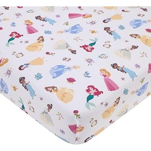 Disney Princess Pink, Blue, Yellow, and White Super Soft Nursery Fitted Crib Sheet