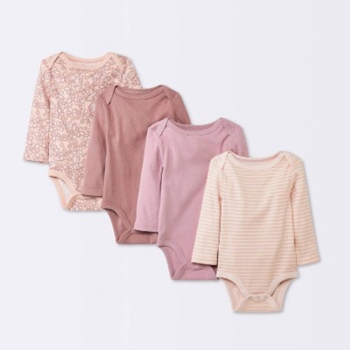 Baby Girls' 4pk Cotton Long Sleeve Floral Bodysuit - Cloud Island™ Pink 0-3M