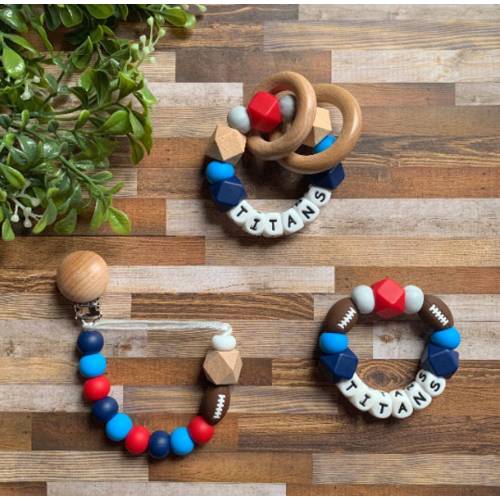 Tennessee Titans Toy Collection - Pacifier Clip - Rattle - Go Titans - Baby Titans Toy - Red - Blue - Silver - Football - Titans Baby Gift