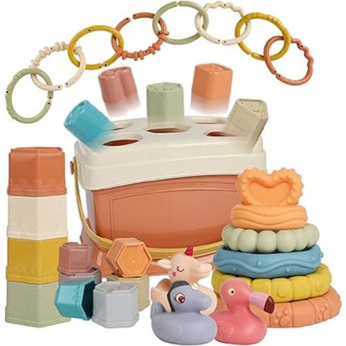 5 in 1 Montessori Baby Toys for 6-48 Months,Shape Sorters Stacking Cups,Rings Toy Links,Soft Stacking Rings,Blocks Set,Soft Animals Toys Shape Sorters for Toddlers 1-3