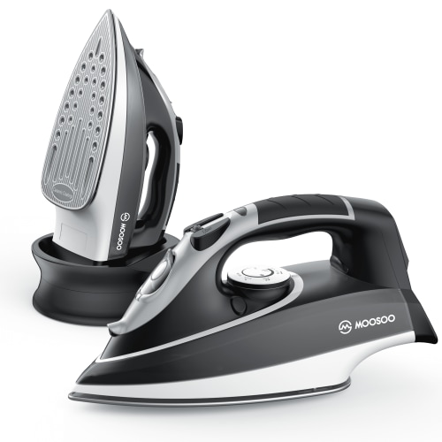 Moosoo iron, 1500W Cordless Steam Iron, Quick-Charge Base with Carry Lock ,Non-Stick Ceramic Soleplate,Anti-Drip,Adjustable Temperature