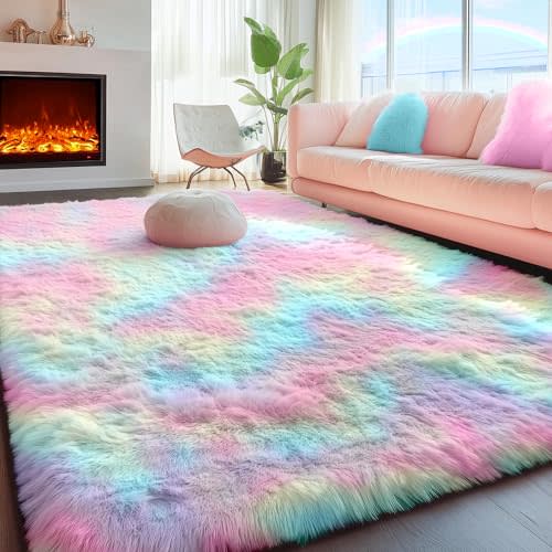 PAGISOFE Fluffy Soft Plush Washable Area Rugs for Girls Bedroom Shaggy Rugs for Kids Playroom Kawaii Princess Fuzzy Nursery Rug for Baby's Toddler's Room Cute Room Decor for Teenage 5x8 Ft Rainbow