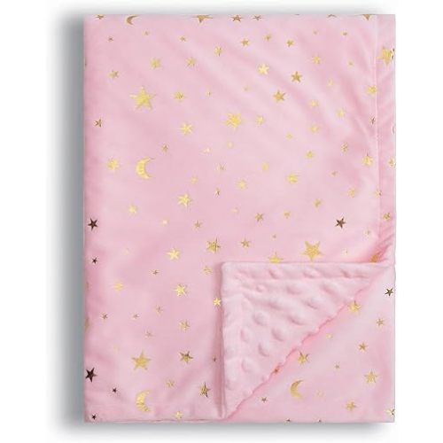 Baby Blanket for Boys Girls Soft Minky with Double Layer Dotted Backing, Star and Moon Printed 30 x 40 Inch Receiving Blanket (Pink)