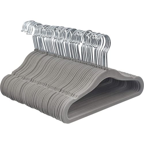 Amazon Basics Kids Velvet, Non-Slip Clothes Hangers, Gray - Pack of 50