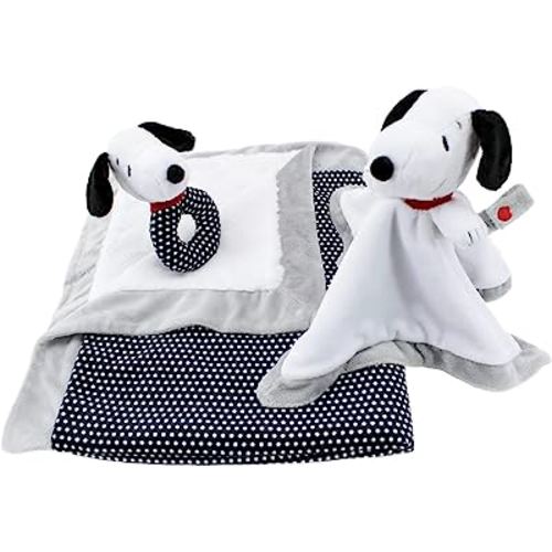 Animal Adventure®| Peanuts®| Snoopy 3-Piece Baby Bundle | Rattle, Lovie with Pacifier Clip Attachment and 30"x 40" Blanket