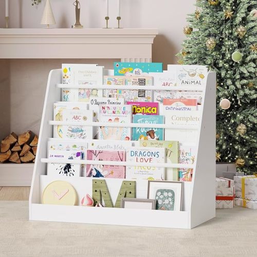 Lkeiyay Kids Bookshelf,4 Tier Montessori Bookcase Kid Room,Toddler Book Display for Classrooms,Playrooms and Nursery (White)