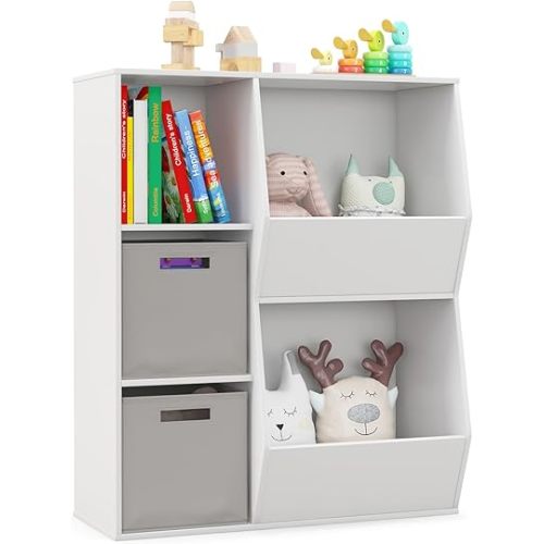 Toy Storage Organizer with Bins, 5 Cube Kids Bookshelf w/Anti-Toppling Devices, Wood Toy Storage Shelf, Kids’ Bookcases, Cabinets & Shelves, Book Shelf for Classroom, Playroom, Nursery