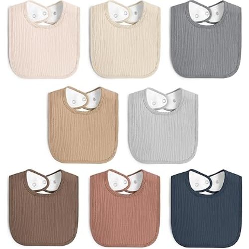 8 Pack Muslin 100% Cotton Baby Bibs for Unisex, Soft and Absorbent Gender Neutral Set for Feeding and Drooling