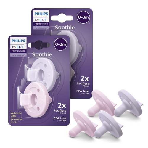 Philips Avent Soothie Orthodontic Baby Pacifiers, 100% Silicone Pacifiers, One Piece, BPA-Free, for Babies 0-3 Months, 2 Lilac and 2 Pink, 4 Pack, Model SCF190/70