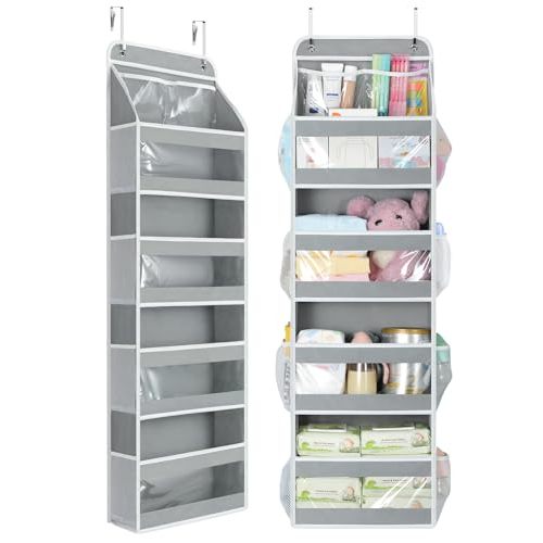 Yecaye 5 Tier 1Pc Over the Door Organizer, Stuffed Animal Storage with Clear PVC Windows, Door Organizer Hanging for Bedroom Nursery Closet Dorm Room Laundry Pantry Bathroom, Grey