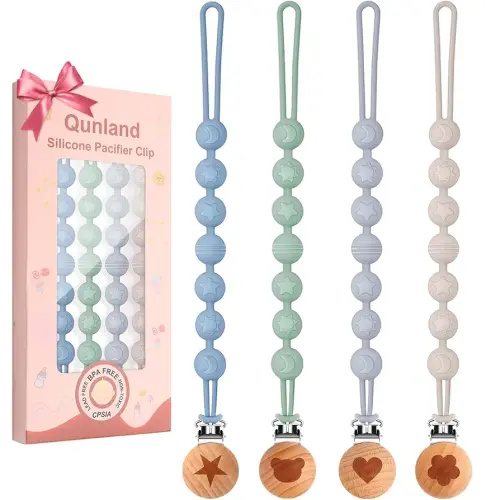 Silicone Pacifier Clip, 4-Pack Pacifier Clips for Boys, One-Piece Soft Flexible Binky Clips Paci Holder with Beaded, Newborn Baby Boy Girls Essentials for Teething Relief, Gifts for Xmas Baby Shower