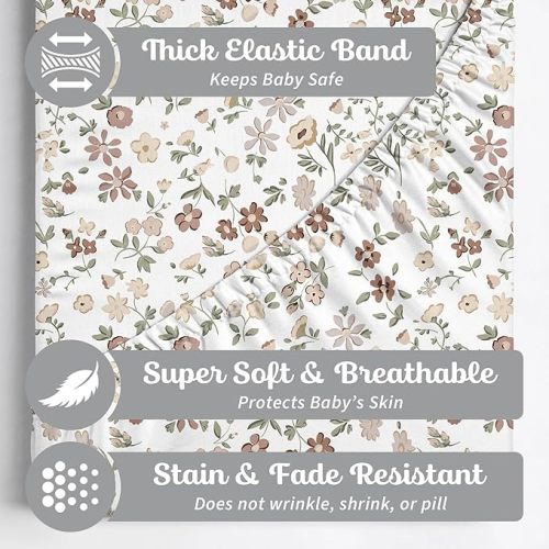 Crib Sheets Neutral - Fitted Baby Crib Sheets Bed for Girl Boy - 2 Pack Standard & Toddler Mattress (Fleurette) - Buttery Soft Organic Cotton Blend