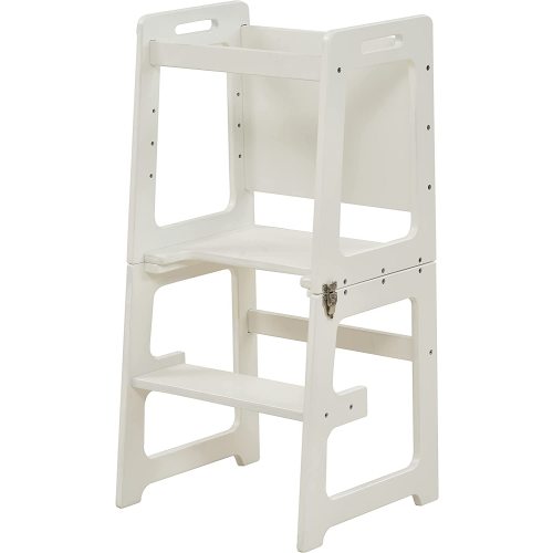 Avenlur 4 in 1 Learning Kitchen Tower Step Stool Helper Montessori Waldorf Style Indoor Counter Stepping Stand and Chalkboard Converts-Folds Into Desk Table, Chair for Toddlers, Children - White