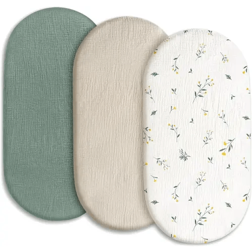 Gllquen Baby Muslin Bassinet Sheets 3 Pack, Breathable Elastic Cozy Fitted Cotton Bassinet Mattress Sheet for Baby Boy Girls, Fit for Hourglass Oval Rectangular Cradle Pad Sheets 33"X17" (Green)