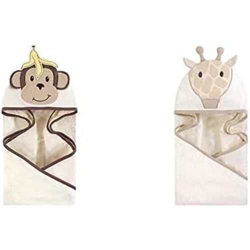 Hudson Baby Girl Cotton Animal Face Hooded Towel 2-Pack, Banana Monkey Modern Giraffe