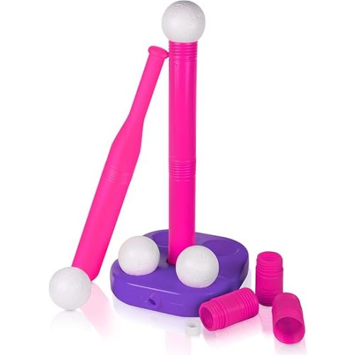 Liberry Adjustable T-Ball Set for Kids and Toddlers, Includes Kids Baseball Bat, Adjustable Height Tee Ball Stand, 4 Balls and Weighted Base, Sports Game Toy Gift for Boys Girls (Pink)