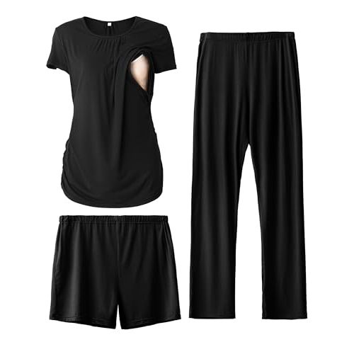 SUNNYBUY Womens Maternity Nursing Pajamas Set, Short Sleeve Breastfeeding Shirts,Pregnancy Shorts & Pants 3 Piece Nursing PJS