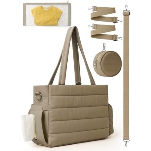 Large Diaper Bag Tote for Women, Crossbody Mommy Bag with Waterproof Bult-in Removable Diaper Bag (Khaki)