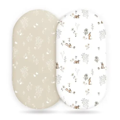 GRSSDER Stretch Ultra Soft Fitted Bassinet Sheet Set 2 Pack, Universal Fit for Bassinets Baby Cradle Moses Basket Oval Rectangle Mattress Safe and Snug, Stylish Watercolor Rabbit Pattern