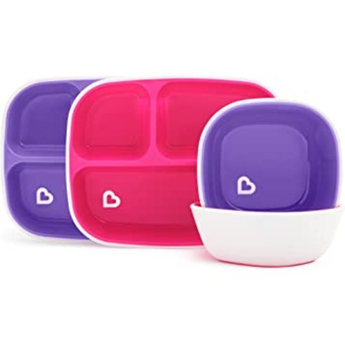 Munchkin® Splash™ 4 Piece Toddler Divided Plate and Bowl Dining Set, Pink/Purple