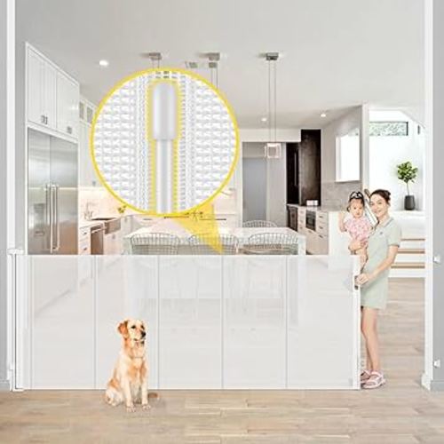 Reinforced 42” Extra Tall x 80” Wide Retractable Baby Gates with Rods to Prevent Crawling Through, Extra Tall Dog Gate for Large Openings Indoor Outdoor Long Mesh Gate for Stairs and Doorways, White