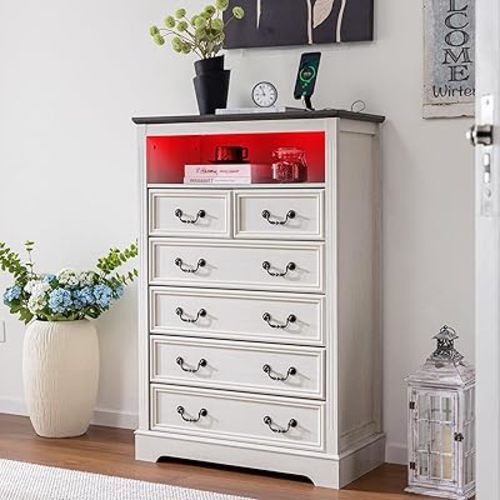 Dresser for Bedroom with Charging Station & LED Light, White Dresser & Chests of Drawers with 6 Drawers, Farmhouse Tall Dressers for Bedroom