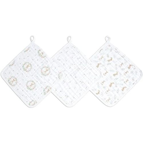 aden + anais Essentials Washcloth 3-Pack, Super Soft 100% Cotton Muslin, Gentle on Skin, 3 Absorbent 11x11 Layers, Softer with Every Use, Perfect for Babies, Infants, Toddlers, Blushing Bunnies