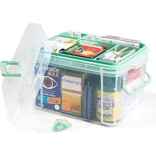 15qt Clear Medicine Organizer Storage Box with Tray, Plastic First Aid Box Empty, Thickened Medicine Container Chest, Multipurpose Medical Case with Labels, Medicine Caddy with Lids Handles