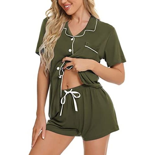 SWOMOG Womens Button Down Pajamas Set Short Sleeve Sleepwear Bride Soft Pj Lounge Sets XS-3XL