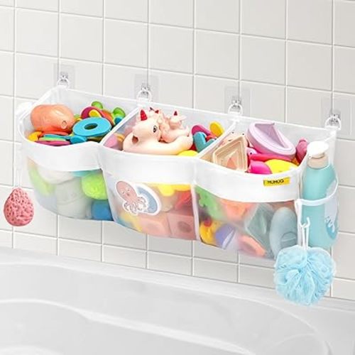 Bath Toy Organizer, 3 Compartment Bathtub Toy Storage Bag, Quick Access Bath Toy Holder Baby Shower Games bath Tub Quick Dry Baby Bath Toy Storage Accessory White