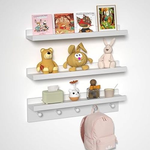 MBYD Picture Shelf Ledge, 24 Inch Floating Shelves for Wall, Nursery Book Shelves with Hooks Set of 3, Floating Shelf Wall Mounted for Bathroom,Kids Room, Living Room, Kitchen White